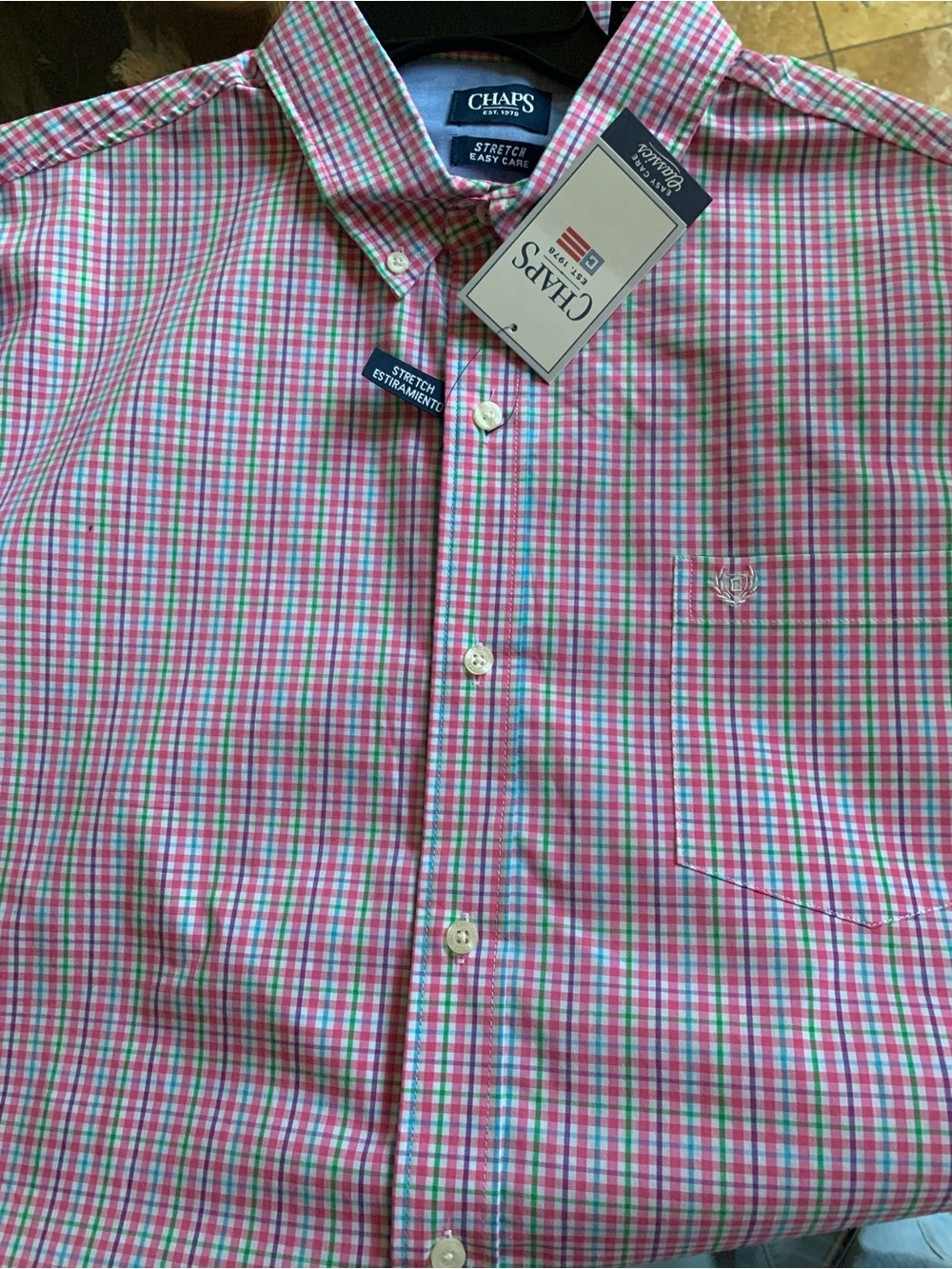 Chaps Men’s Pink and Green Plaid Button-Down Shirt